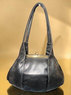 VTG HOBO Blanche Bag Black Glazed Nappa Leather Fortune Cookie Frame Satchel Y2K
